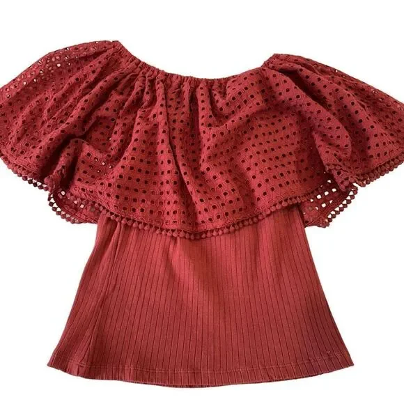 Anthropologie The Odells Off the Shoulder Eyelet Brick Color Blouse, Small - Picture 7 of 12